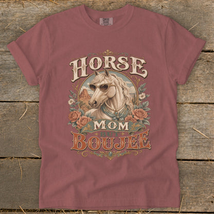 Rose t-shirt with a white horse wearing sunglasses and "Horse Mom But Boujee" text.