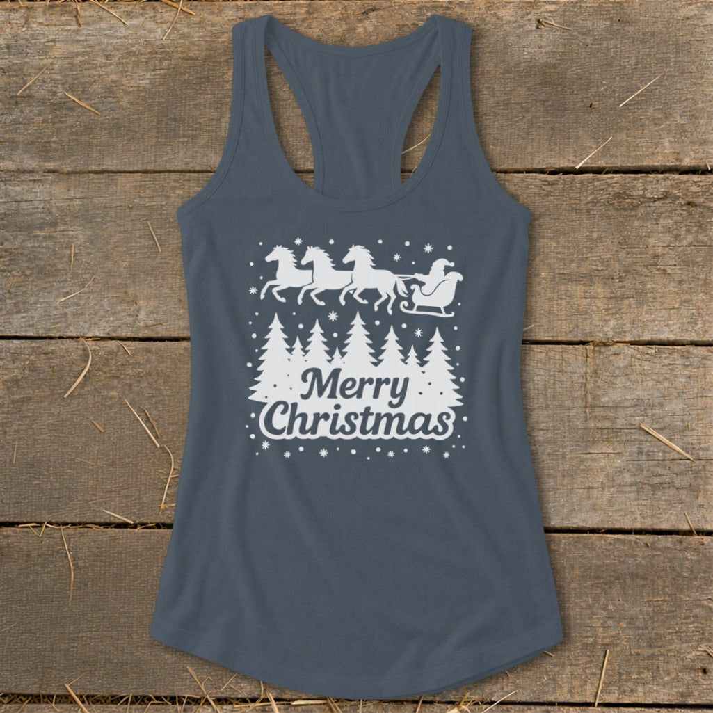 Gray tank top with white horse-drawn sleigh and "Merry Christmas" text.