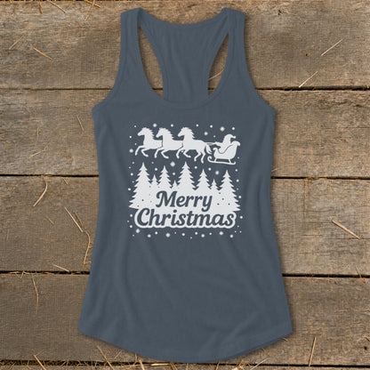 Gray tank top with white horse-drawn sleigh and "Merry Christmas" text.