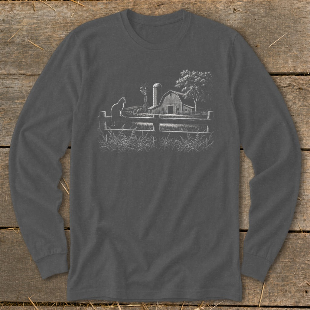 Line drawing of a cat on a fence with a barn and windmill in the background.
