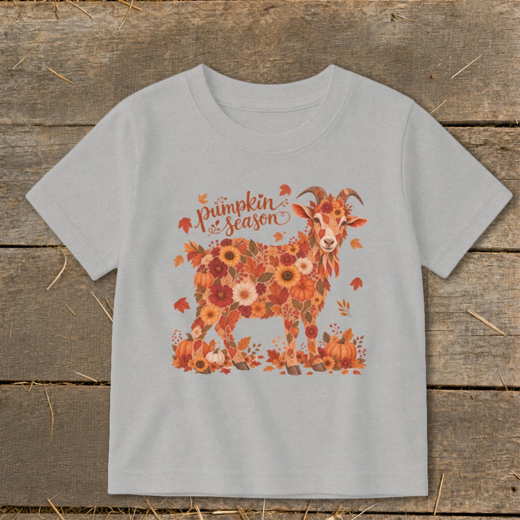 Light grey t-shirt with a floral goat graphic and "pumpkin season" text.