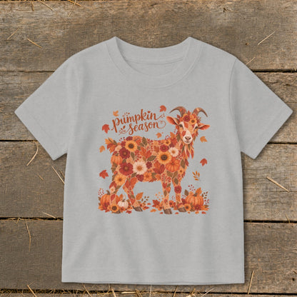 Light grey t-shirt with a floral goat graphic and "pumpkin season" text.