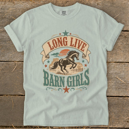 Light blue t-shirt with "Long Live Barn Girls" text and running horse graphic.