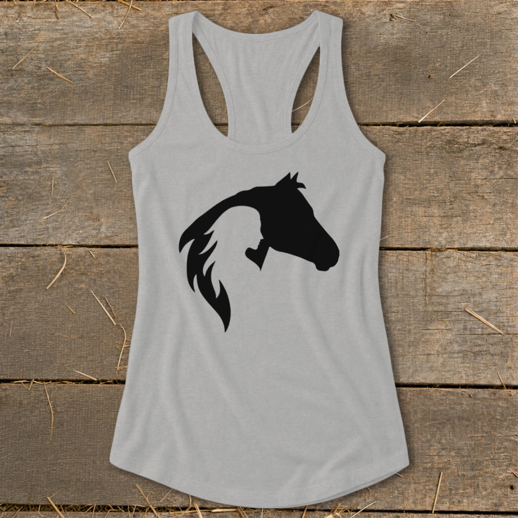 Gray tank top with black silhouette of a horse and rider head profile.