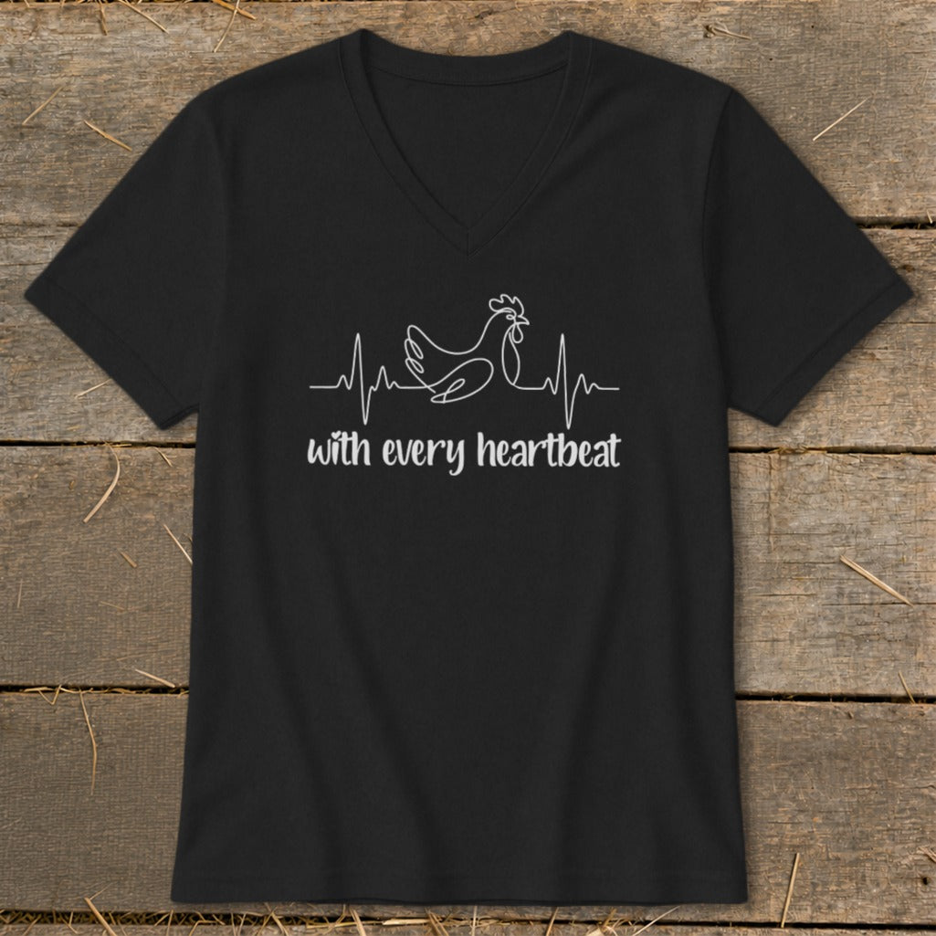 Black v-neck t-shirt with white chicken heartbeat graphic and text.