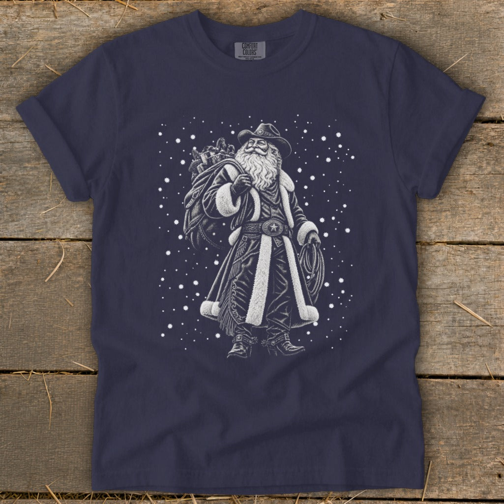 Navy t-shirt with cowboy Santa Claus illustration holding a sack and lasso.