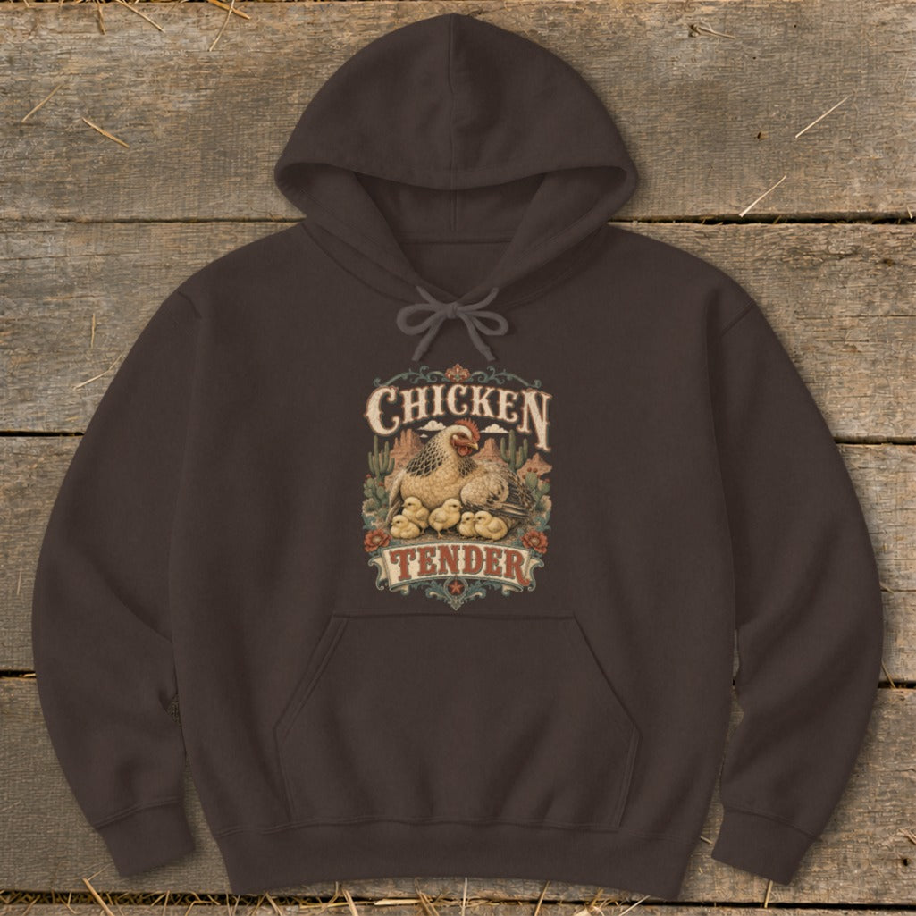 Brown hoodie with a "Chicken Tender" graphic featuring a hen and chicks.