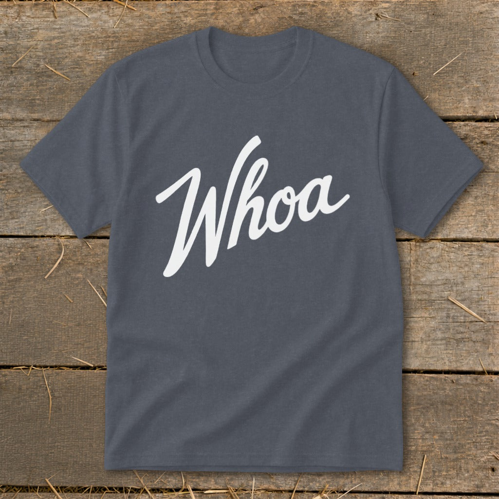 Dark gray t-shirt with "Whoa" in white script on a wooden background.