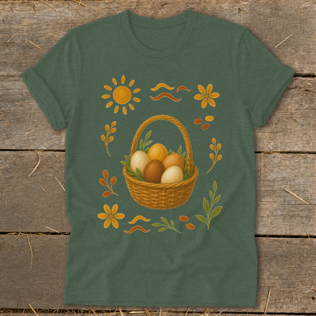 Green t-shirt with an illustration of a woven basket full of eggs surrounded by floral and sun motifs.