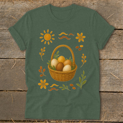 Green t-shirt with an illustration of a woven basket full of eggs surrounded by floral and sun motifs.