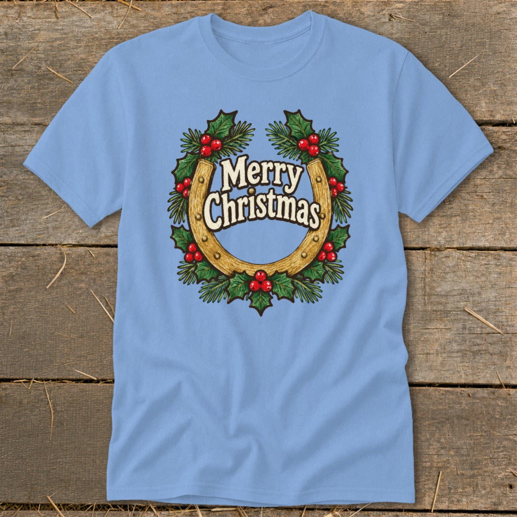 Light blue t-shirt with a horseshoe wreath and Merry Christmas text.
