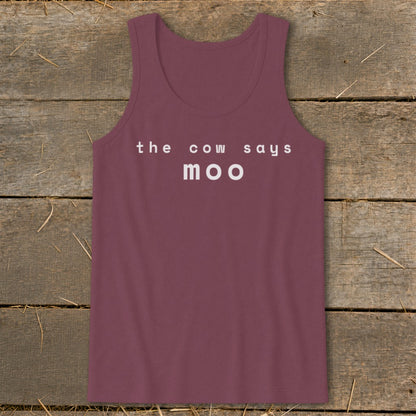 Maroon tank top with white text "the cow says moo"