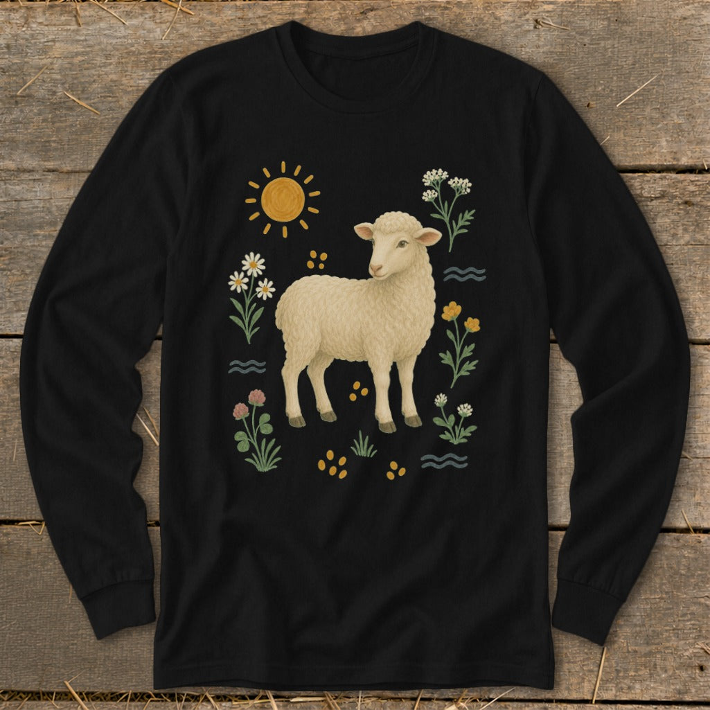 Black long sleeve shirt with a cream sheep surrounded by flowers and sun graphic.