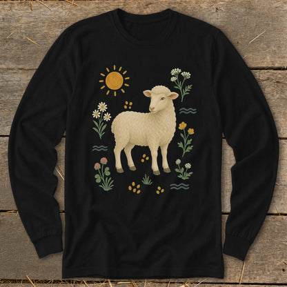 Black long sleeve shirt with a cream sheep surrounded by flowers and sun graphic.