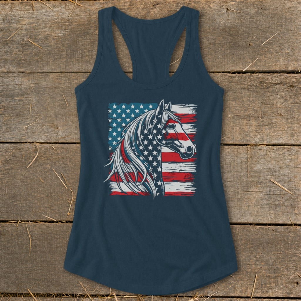 Horse head graphic with American flag pattern on a navy blue tank top.