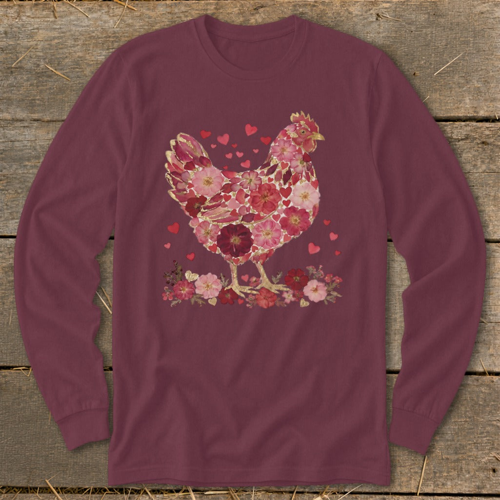 Maroon long-sleeve shirt with a chicken graphic made of red and pink flowers and hearts.