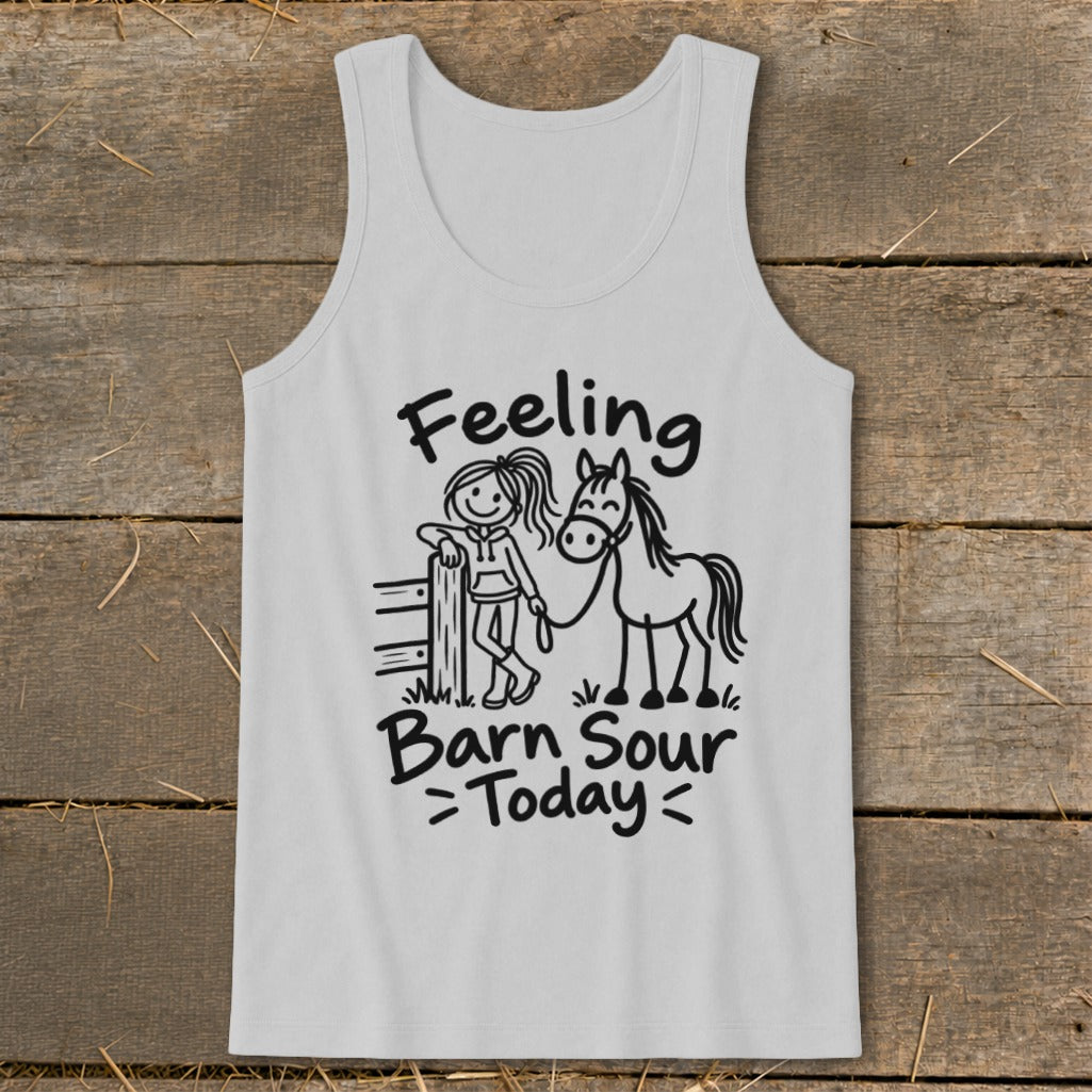 White tank top with graphic of girl and horse, text "Feeling Barn Sour Today".