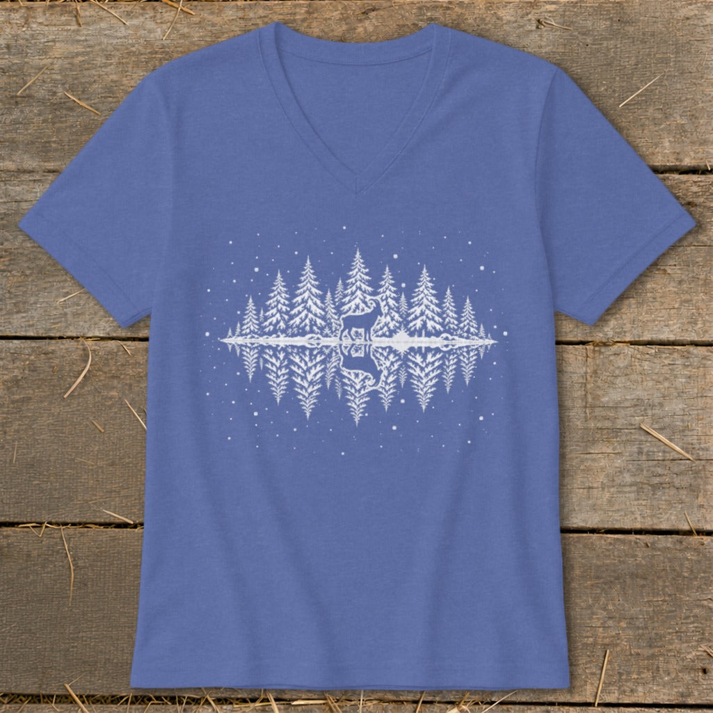Blue v-neck t-shirt with white graphic of deer in a snowy forest reflected in water.