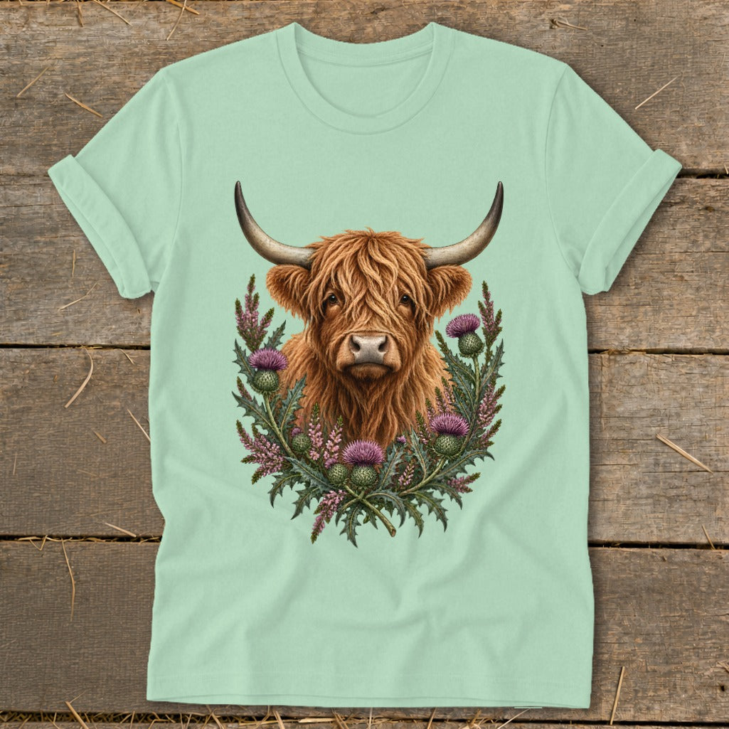 Highland cow with horns surrounded by thistles on a light green t-shirt.