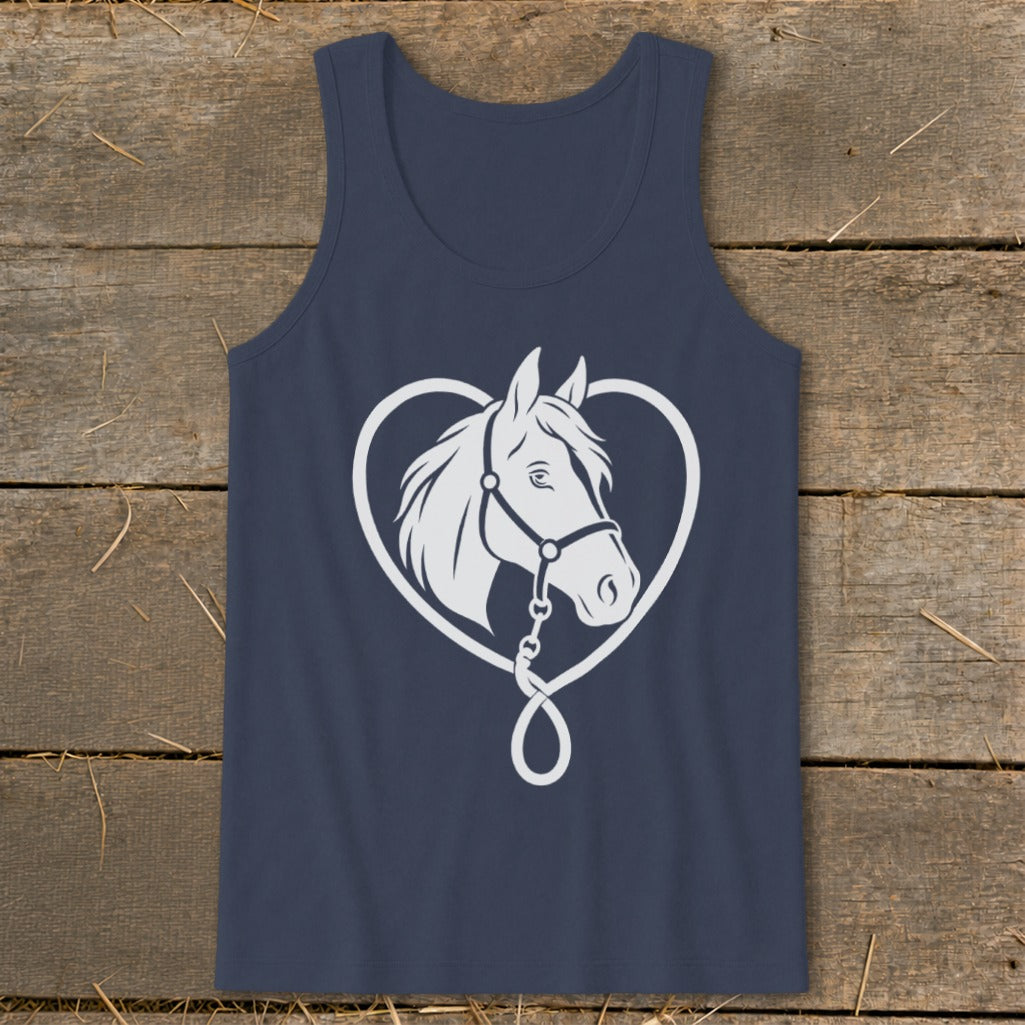 A dark blue tank top featuring a white graphic of a horse head inside a heart-shaped outline.