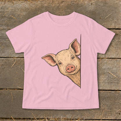 Pink t-shirt with a drawing of a pig peeking around the side.