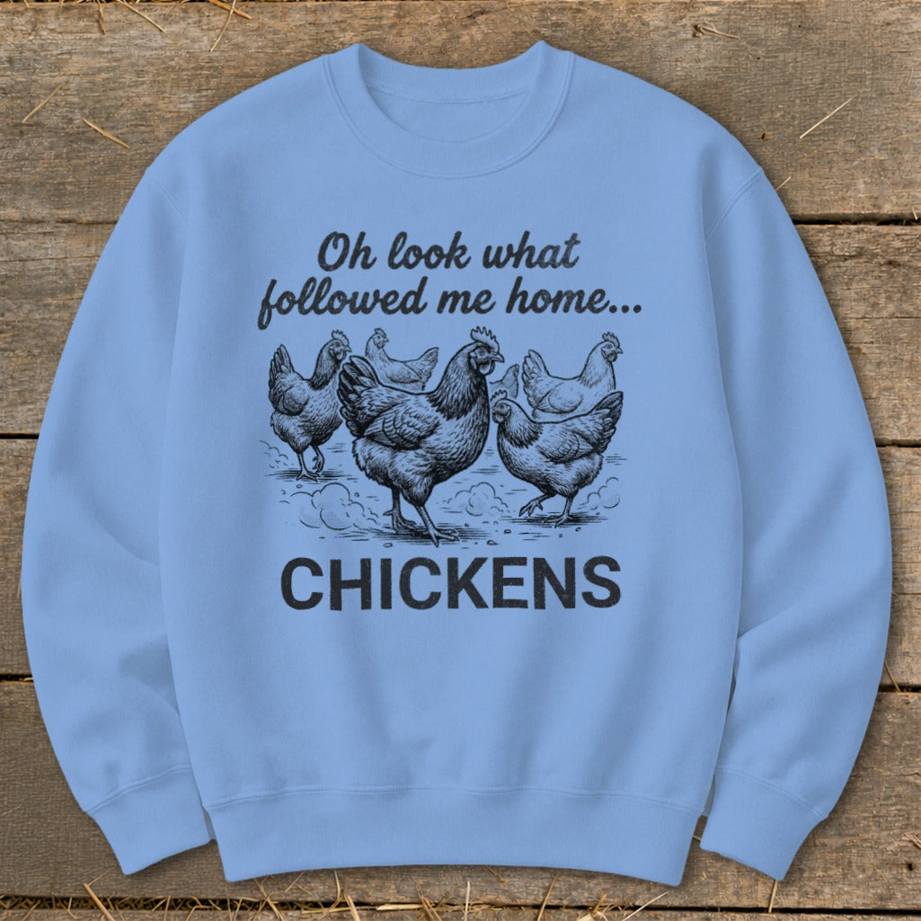 Light blue sweatshirt with black graphic of chickens and text "CHICKENS".