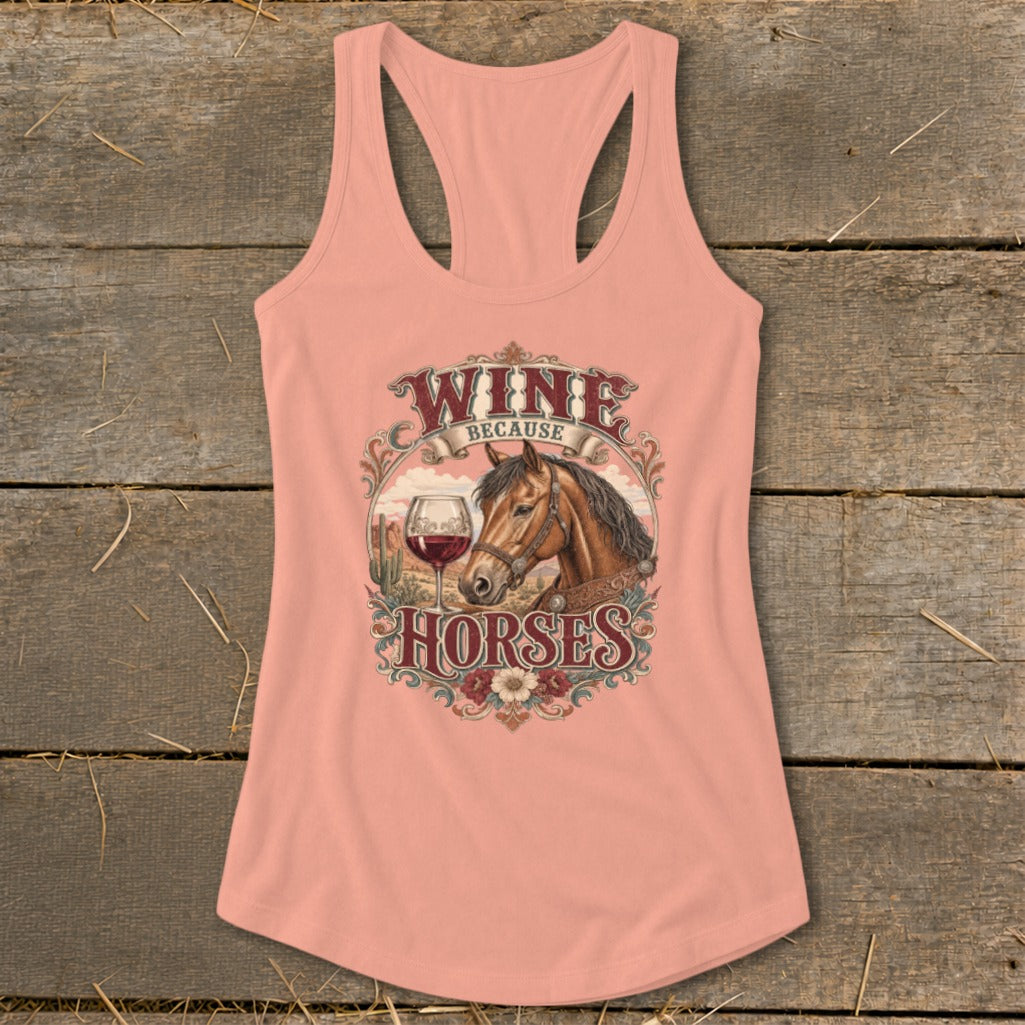 Peach tank top with "Wine Because Horses" graphic featuring a horse and wine glass.