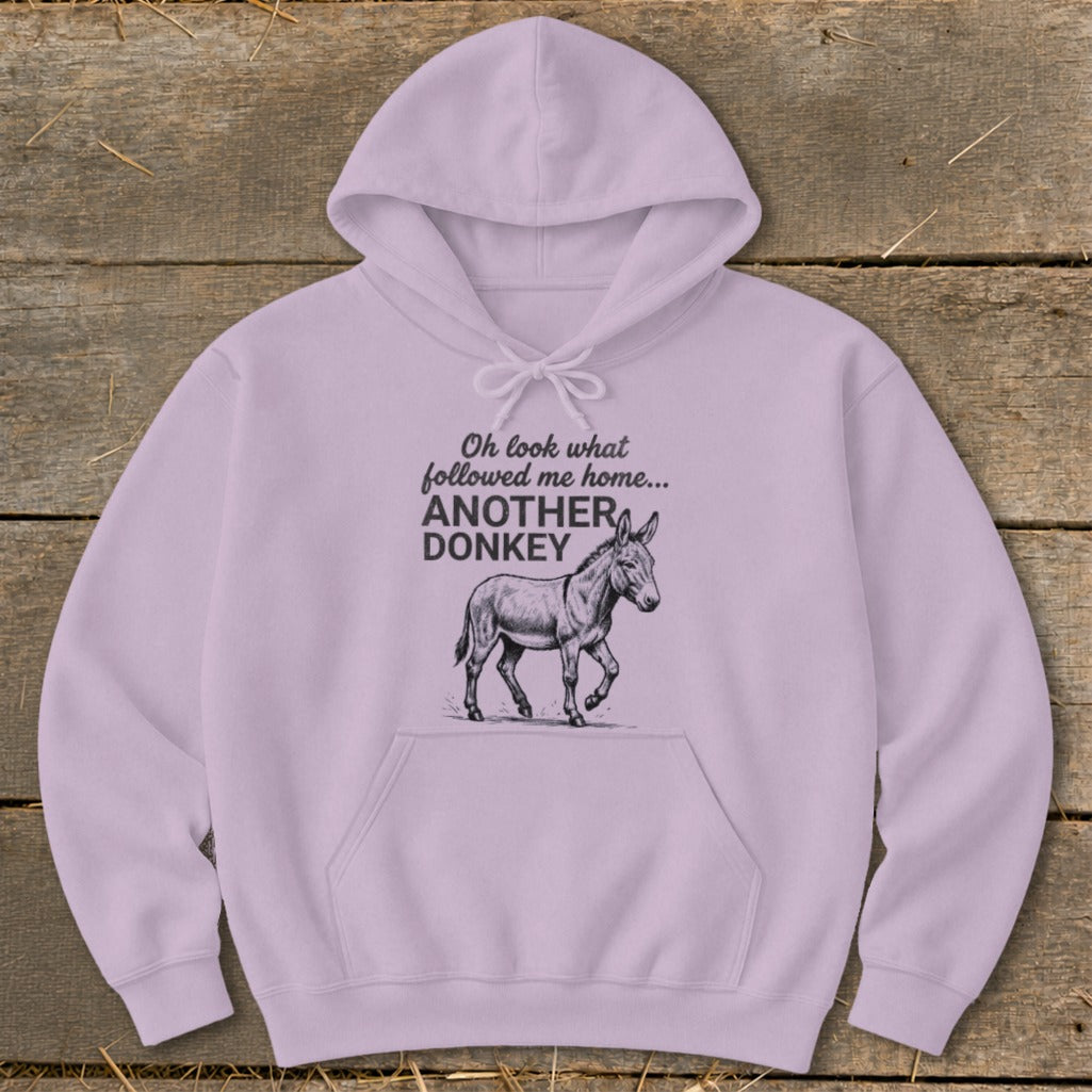 Light purple hoodie with a graphic of a donkey and text reading "Oh look what followed me home... ANOTHER DONKEY".