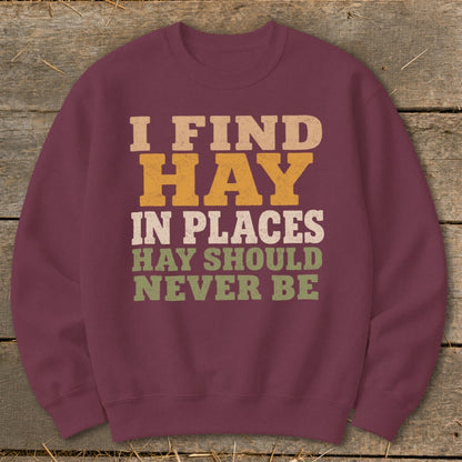 Burgundy sweatshirt with "I FIND HAY IN PLACES HAY SHOULD NEVER BE" text.
