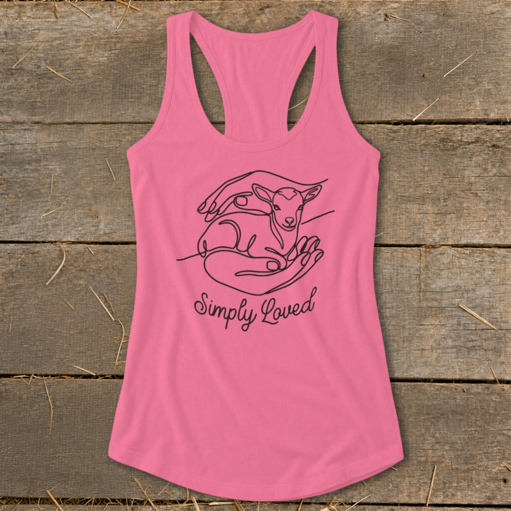 Pink tank top with minimalist drawing of hands holding a lamb and text "Simply Loved".