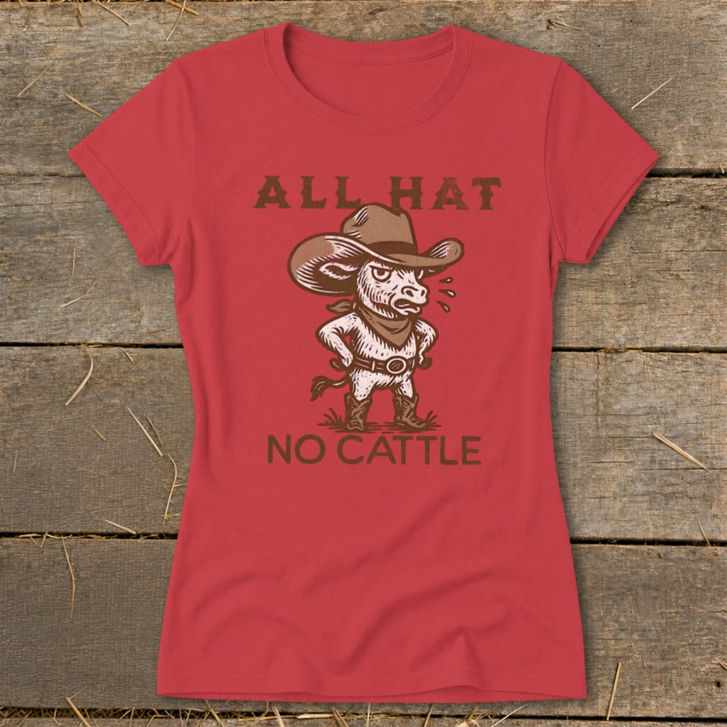 Red t-shirt with cartoon bull in cowboy hat and text "ALL HAT NO CATTLE".