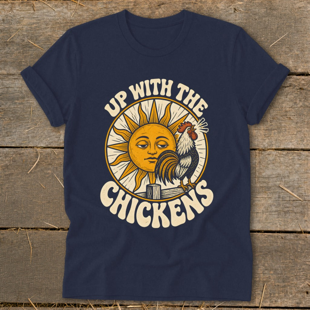 Dark blue crewneck t-shirt with a vintage graphic of a rooster crowing before a sun.