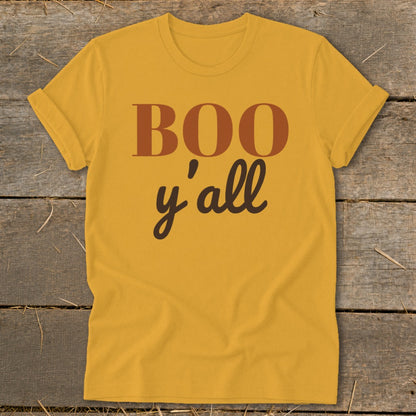 Yellow t-shirt with "BOO y'all" text graphic.
