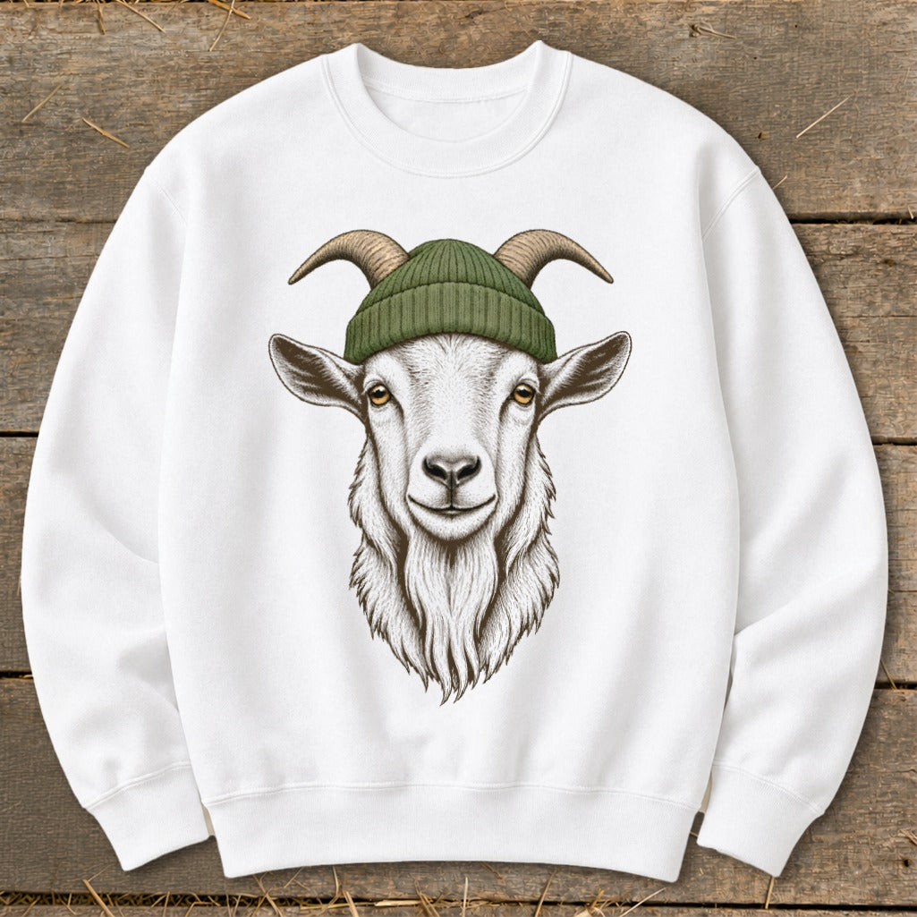 White sweatshirt with a detailed illustration of a goat wearing a green beanie.