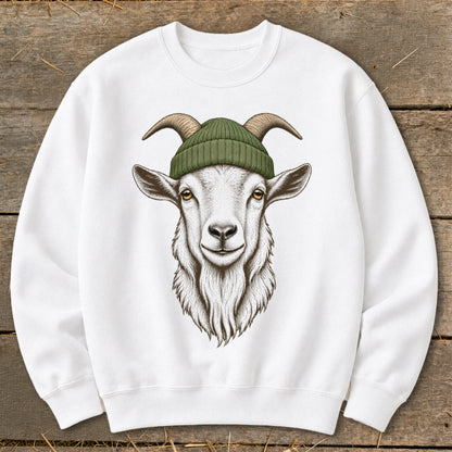White sweatshirt with a detailed illustration of a goat wearing a green beanie.