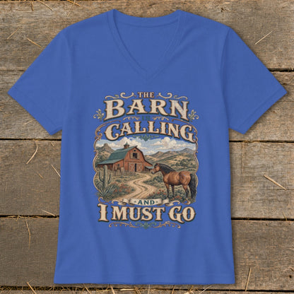 Blue t-shirt with "The Barn is Calling And I Must Go" text, barn, and horse graphic.