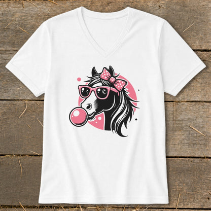 White t-shirt with illustration of a horse wearing sunglasses and blowing bubblegum.