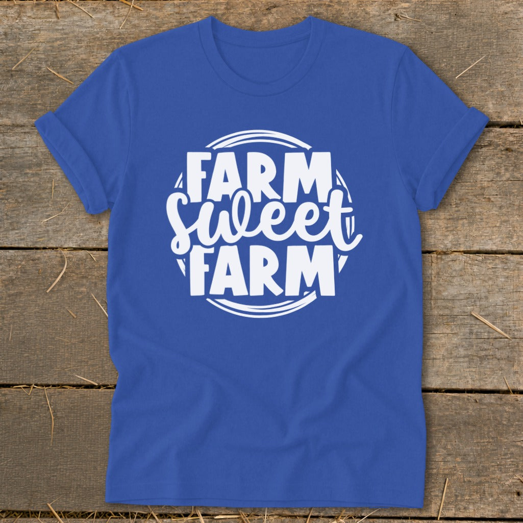 Royal blue t-shirt with white text "Farm Sweet Farm" in a circular design.