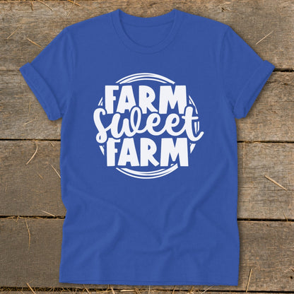 Royal blue t-shirt with white text "Farm Sweet Farm" in a circular design.