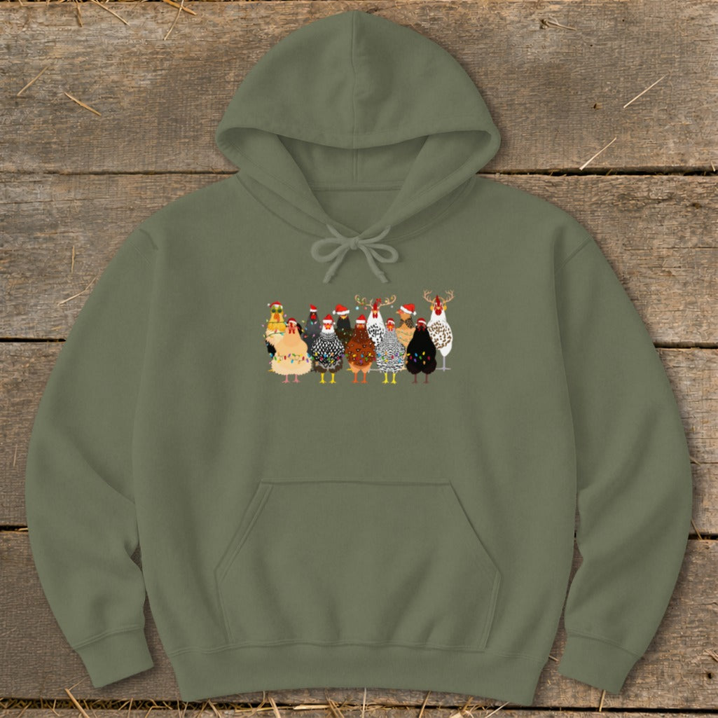 Green hoodie with Christmas chickens wearing hats and lights graphic.