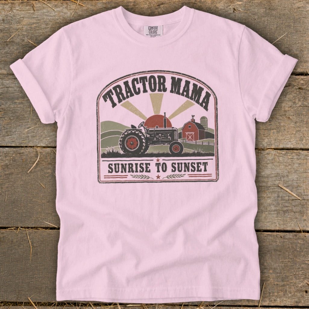 Pink t-shirt with vintage tractor farm graphic and "Tractor Mama Sunrise to Sunset" text.