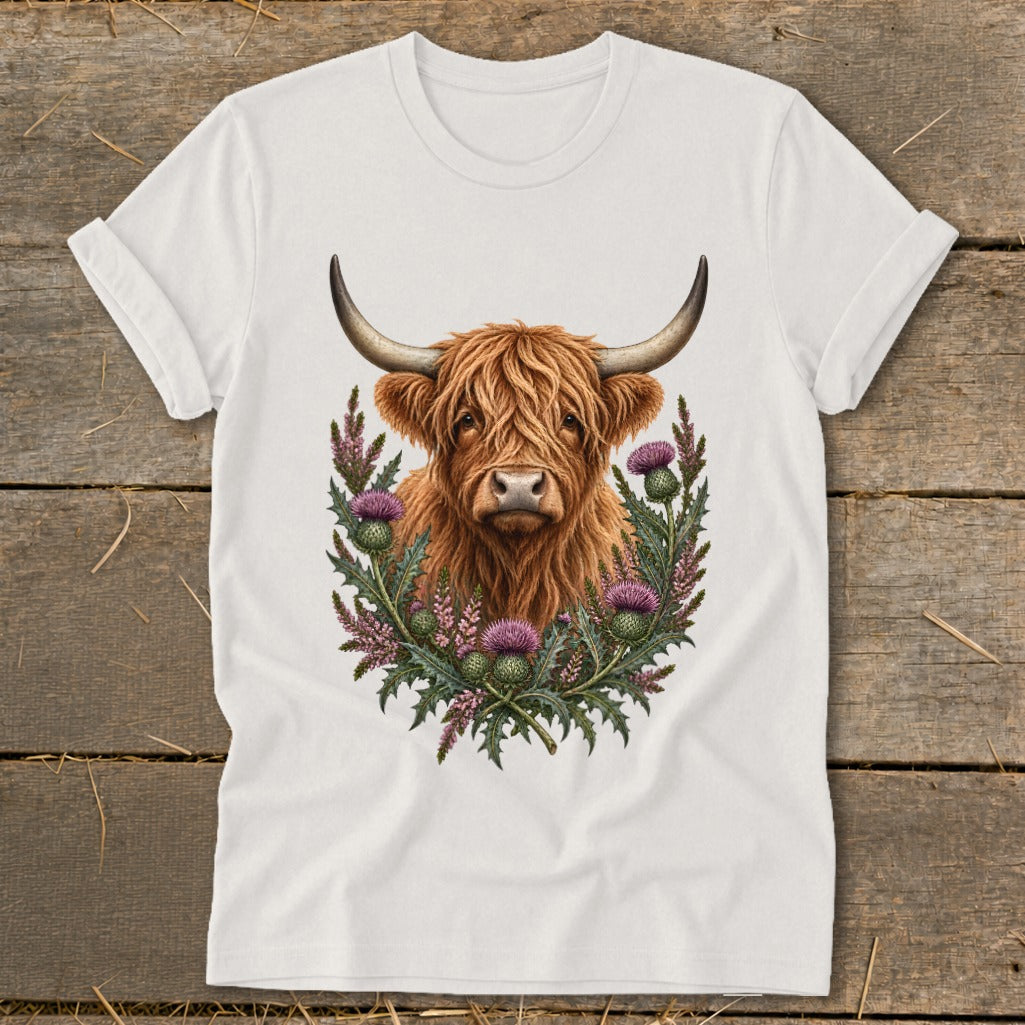 White t-shirt with a Highland cow and thistle graphic print.