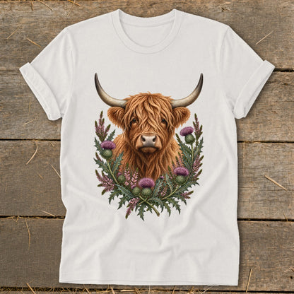 White t-shirt with a Highland cow and thistle graphic print.