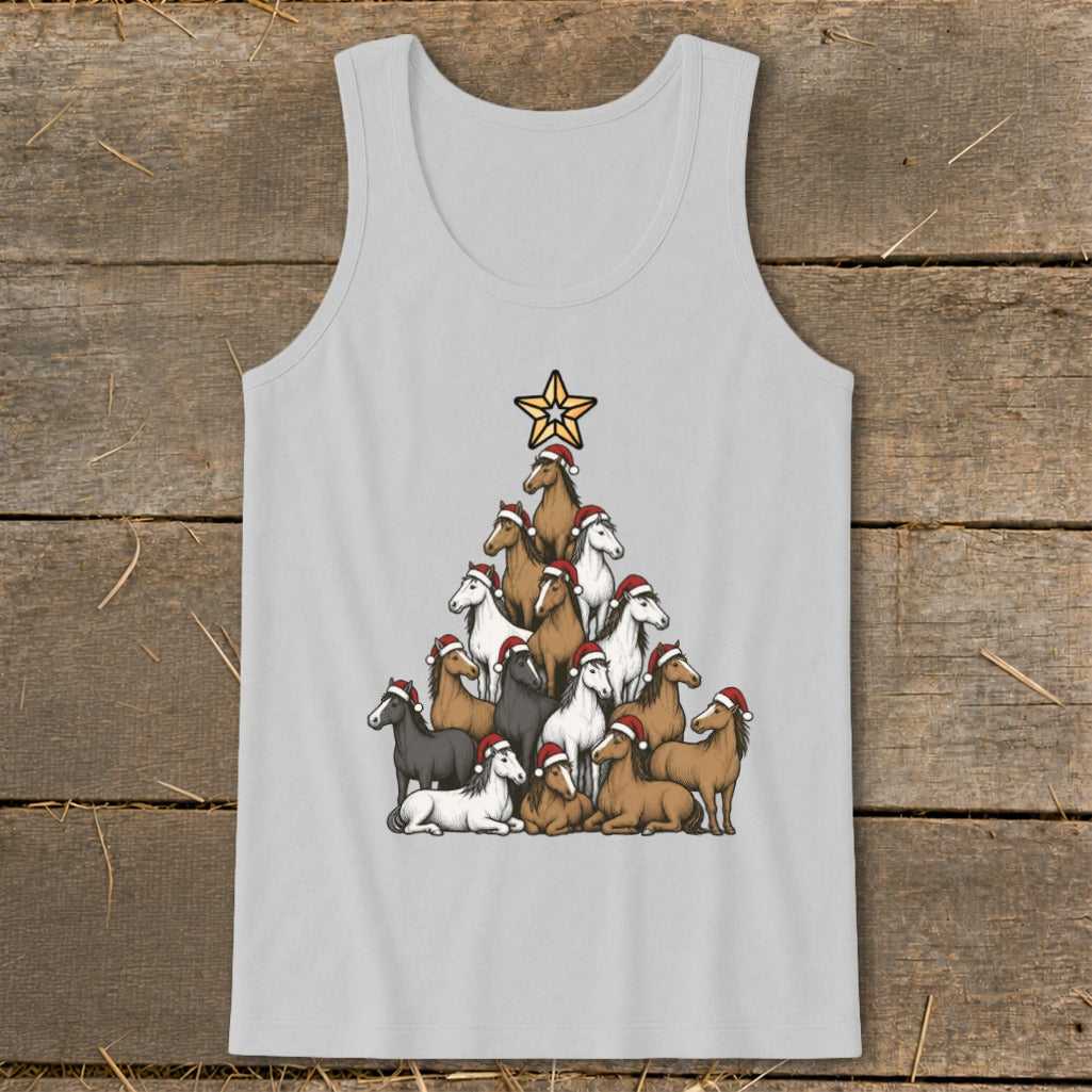 Gray tank top with a Christmas tree made of horses wearing Santa hats.