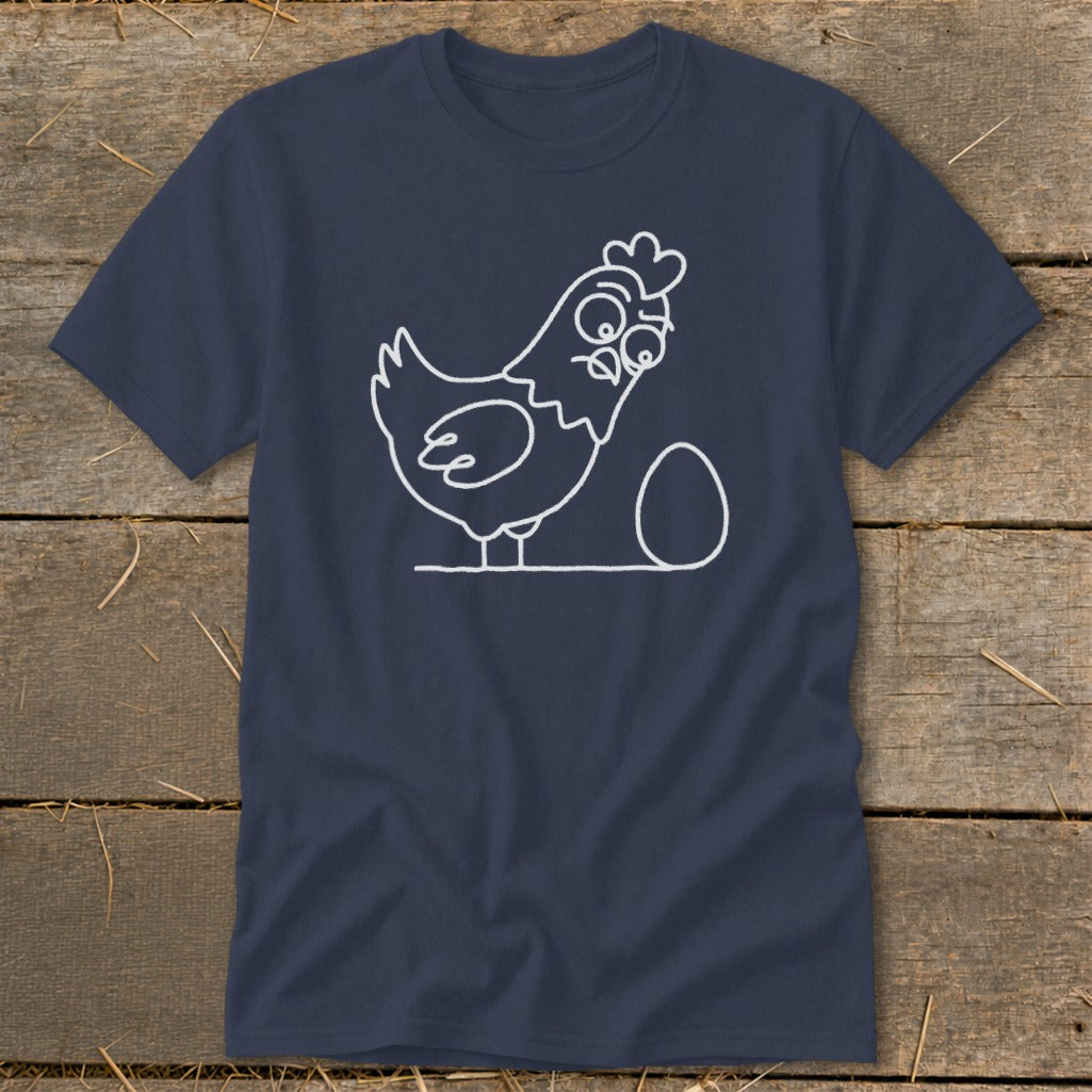 Navy t-shirt with a white line drawing of a surprised chicken next to an egg.