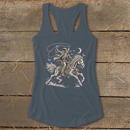 Skeleton cowboy on horseback with lasso, moon and birds in the background.