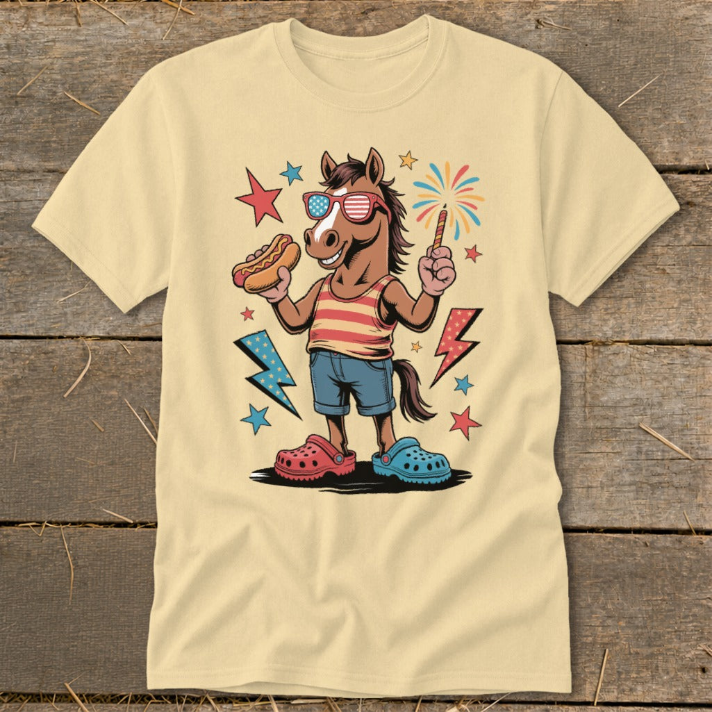 Horse wearing sunglasses, holding hot dog and sparkler, with patriotic stars and lightning bolts.