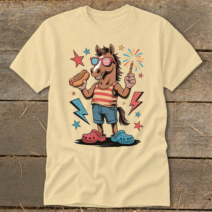 Horse wearing sunglasses, holding hot dog and sparkler, with patriotic stars and lightning bolts.