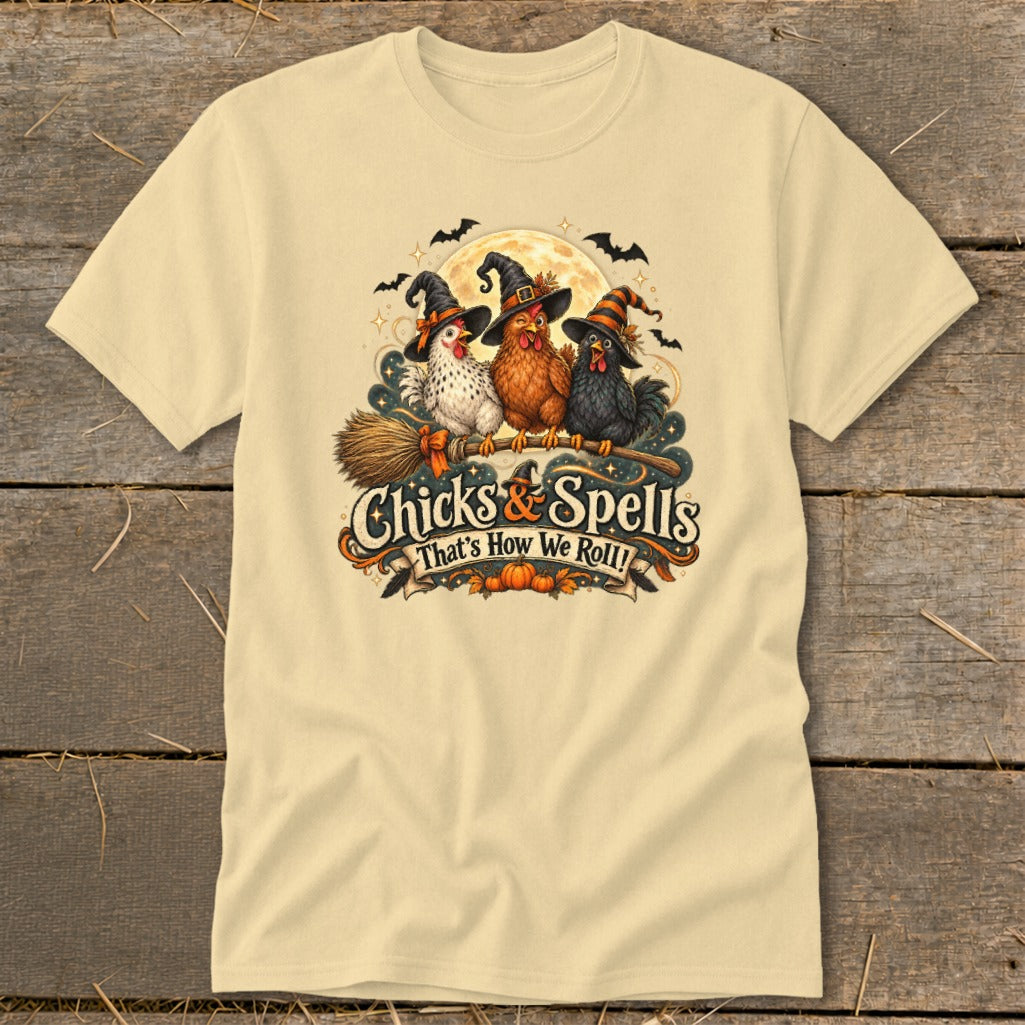 Three witch chickens on a broom with "Chicks & Spells" text.