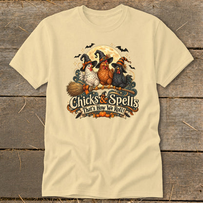 Three witch chickens on a broom with "Chicks & Spells" text.